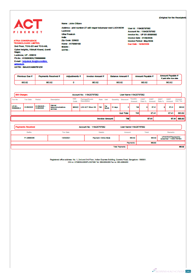 download download India ACT Fibernet utility bill template in Word and PDF formats PDF template PDF template